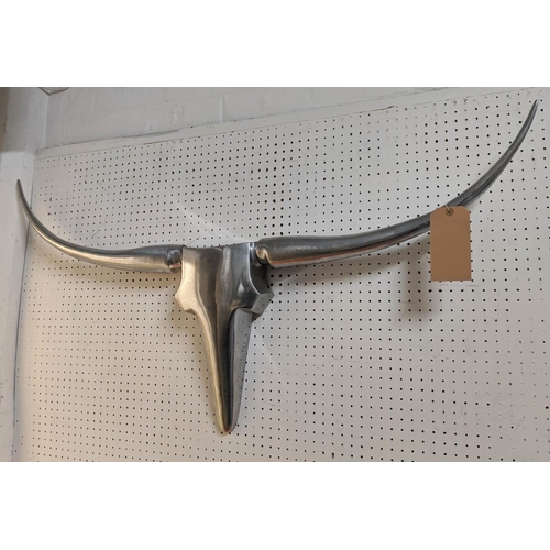 360 - POLISHED CHROME METAL BUFFALO HEAD, wall mounted sculpture, 50cm H x 125cm W.