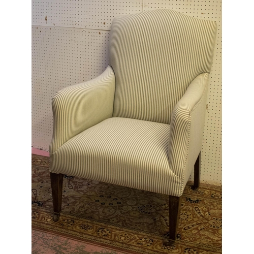 421 - ARMCHAIR, 96cm H x 64cm, Edwardian beech wood in ticking upholstery with ceramic castors.