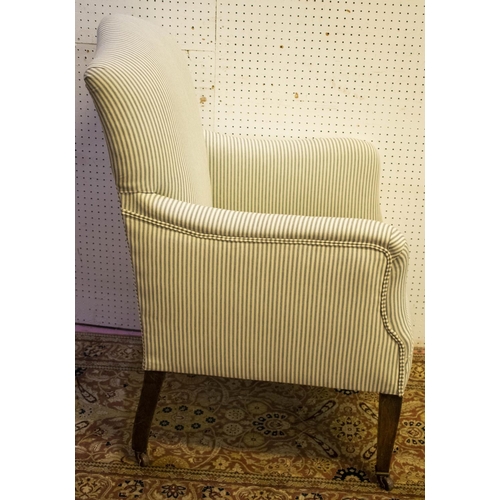 421 - ARMCHAIR, 96cm H x 64cm, Edwardian beech wood in ticking upholstery with ceramic castors.