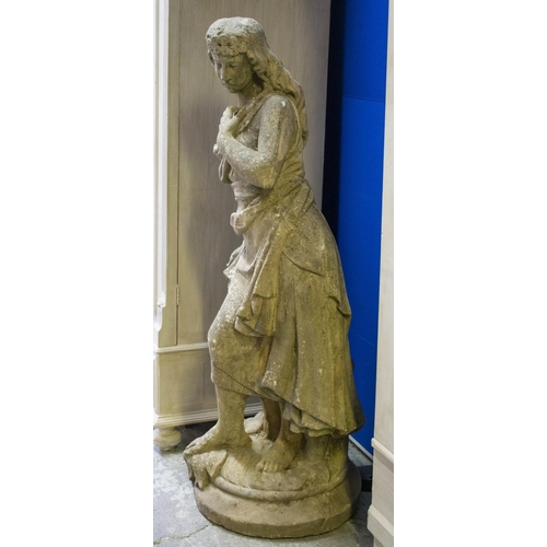 422 - GARDEN STATUE, 131cm H, reconstituted stone female figure. (weathered)