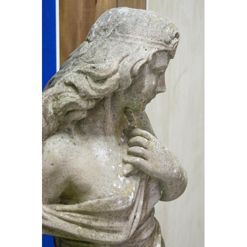 422 - GARDEN STATUE, 131cm H, reconstituted stone female figure. (weathered)