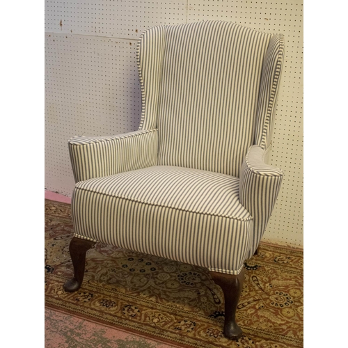 423 - WING ARMCHAIR, 93cm H x 77cm, Georgian style in ticking fabric.