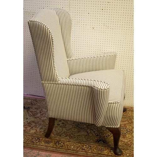 423 - WING ARMCHAIR, 93cm H x 77cm, Georgian style in ticking fabric.