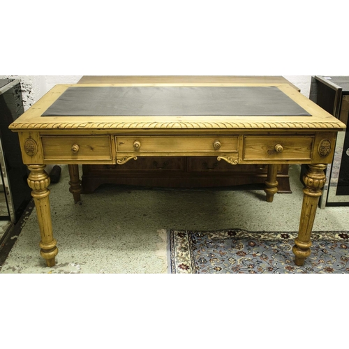 424 - CENTRE WRITING TABLE, 79cm H x 153cm x 90cm, Victorian style pine with inset black leather top above... 