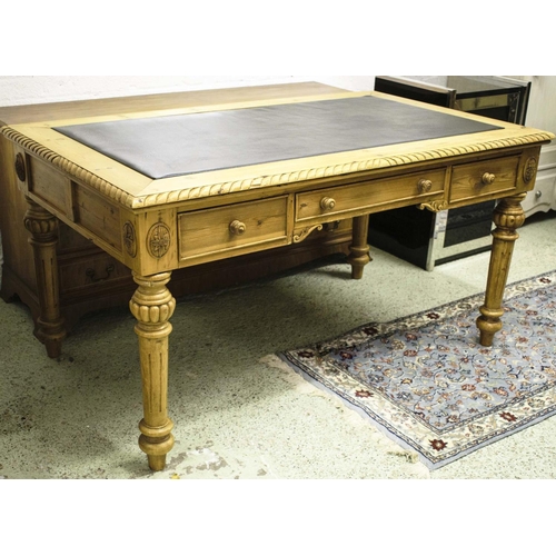 424 - CENTRE WRITING TABLE, 79cm H x 153cm x 90cm, Victorian style pine with inset black leather top above... 