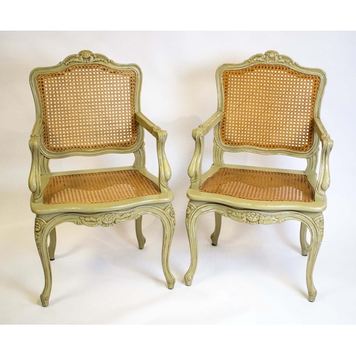 426 - FAUTEUILS, 100cm H x 60cm, a pair, Louis XV style grey painted with caned backs and seats. (2)