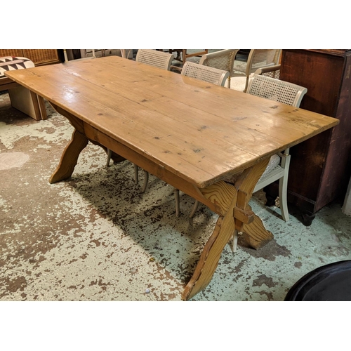 428 - SWISS ALP REFECTORY TABLE, 192cm x 77cm H x 87cm, 19th century pine with a rectangular top on X fram... 