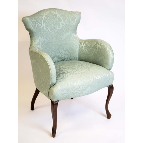 382 - ARMCHAIR, 85cm H x 60cm W, Edwardian mahogany, in aquamarine damask.