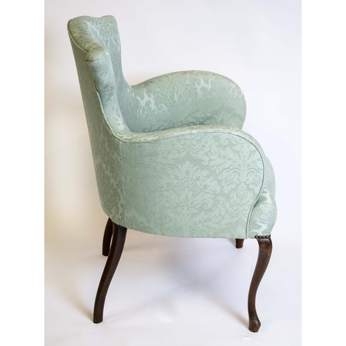 382 - ARMCHAIR, 85cm H x 60cm W, Edwardian mahogany, in aquamarine damask.