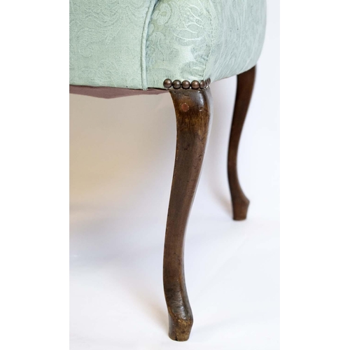 382 - ARMCHAIR, 85cm H x 60cm W, Edwardian mahogany, in aquamarine damask.