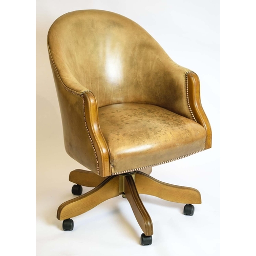 380 - SWIVEL DESK CHAIR, 98cm H x 62cm W, beechwood and tan leather.