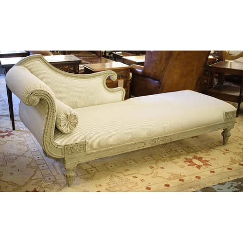 378 - CHAISE LONGUE, 93cm H x 75cm x 205cm, Regency style grey painted in ticking upholstery.