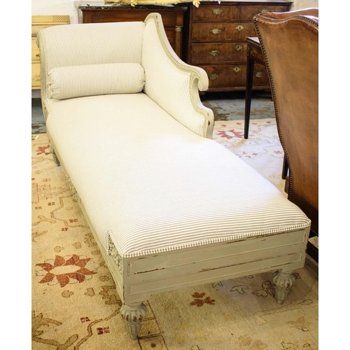 378 - CHAISE LONGUE, 93cm H x 75cm x 205cm, Regency style grey painted in ticking upholstery.