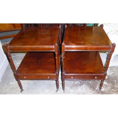 361 - LAMP TABLES, a pair, 45cm sq. x 59cm H, Georgian style yewwood, two tier, each with a narrow drawer.... 