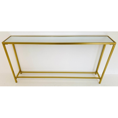 168 - CONSOLE TABLE, gilt metal frame mirrored top, 79cm H x 152cm x 25cm.