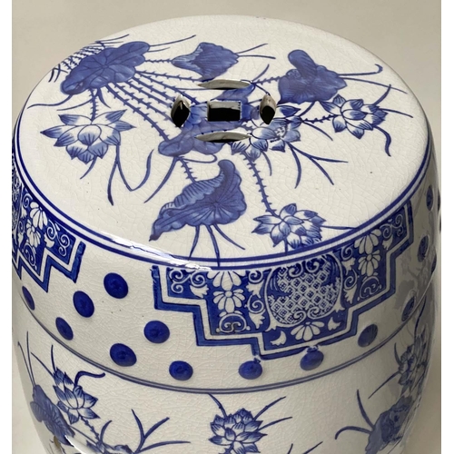 354 - BARREL STOOLS, a pair, Chinese blue and white pierced ceramic, 45cm H. (2)