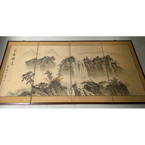 356 - CHINESE HANGING SCREEN, hand painted three fold, 184cm x 92cm H.