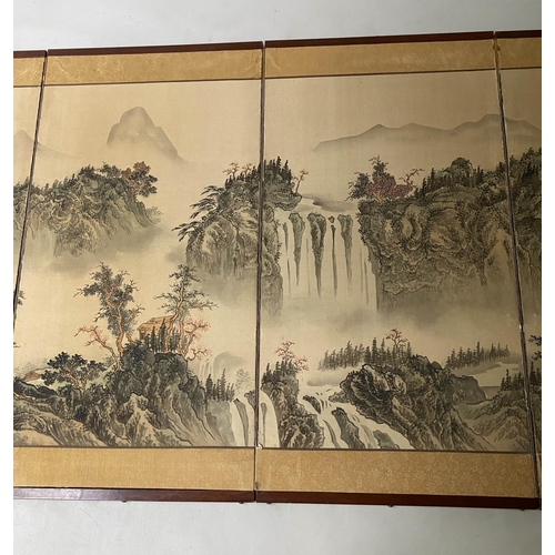 356 - CHINESE HANGING SCREEN, hand painted three fold, 184cm x 92cm H.