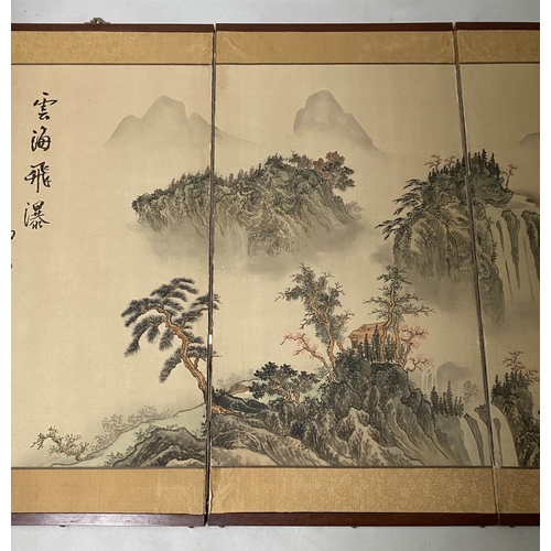 356 - CHINESE HANGING SCREEN, hand painted three fold, 184cm x 92cm H.