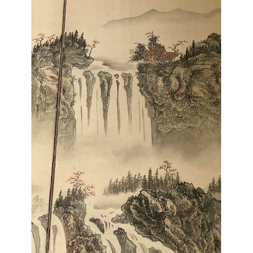 356 - CHINESE HANGING SCREEN, hand painted three fold, 184cm x 92cm H.