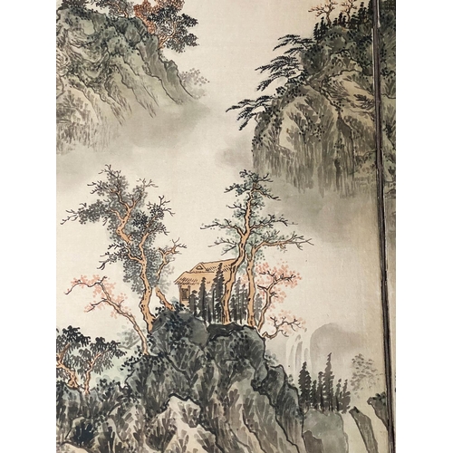 356 - CHINESE HANGING SCREEN, hand painted three fold, 184cm x 92cm H.