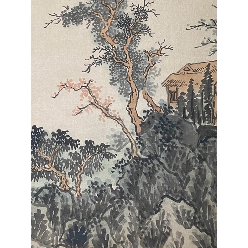 356 - CHINESE HANGING SCREEN, hand painted three fold, 184cm x 92cm H.