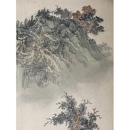 356 - CHINESE HANGING SCREEN, hand painted three fold, 184cm x 92cm H.