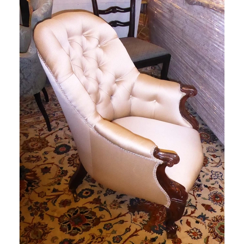 514 - ARMCHAIR, 65cm W x 88cm H, mid Victorian rosewood frame with a buttoned back in cream damask.