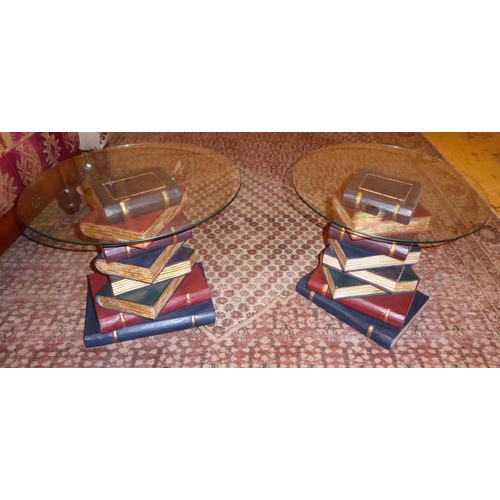 518 - LOW OCCASIONAL TABLES, a pair, 51cm diam. x 41cm H, each with a circular glass top and a stackable f... 