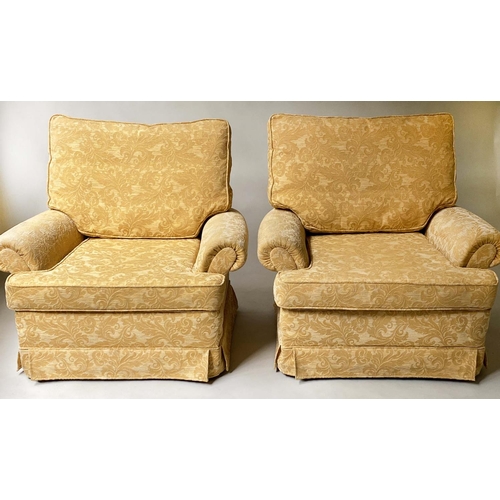 411 - ARMCHAIRS, a pair, two tone yellow brocade with scroll arms, 98cm W. (2)