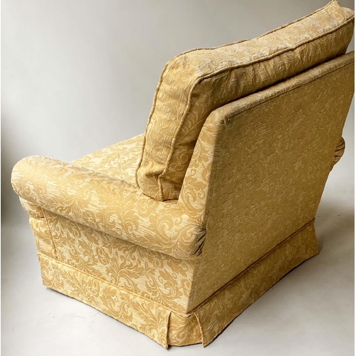 411 - ARMCHAIRS, a pair, two tone yellow brocade with scroll arms, 98cm W. (2)