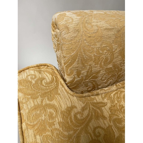 411 - ARMCHAIRS, a pair, two tone yellow brocade with scroll arms, 98cm W. (2)