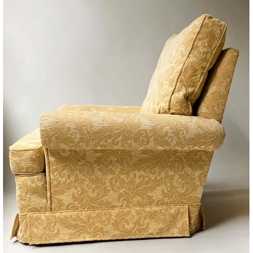 411 - ARMCHAIRS, a pair, two tone yellow brocade with scroll arms, 98cm W. (2)