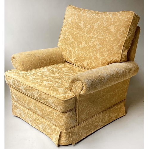 411 - ARMCHAIRS, a pair, two tone yellow brocade with scroll arms, 98cm W. (2)