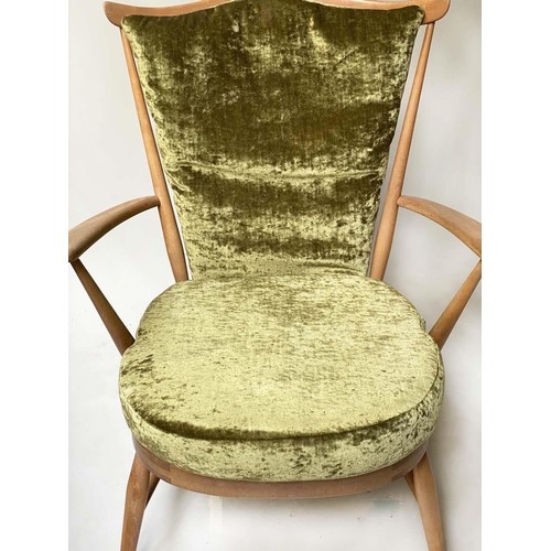 415 - ERCOL ARMCHAIR, stick back elm and beech with green silk velvet cushions, 71cm W.