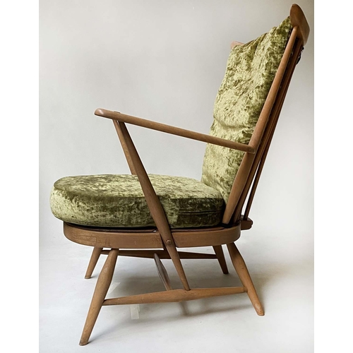 415 - ERCOL ARMCHAIR, stick back elm and beech with green silk velvet cushions, 71cm W.