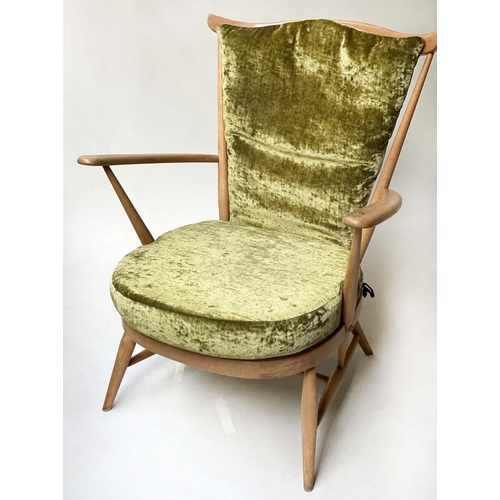 415 - ERCOL ARMCHAIR, stick back elm and beech with green silk velvet cushions, 71cm W.