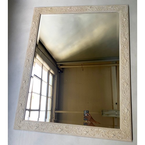 417 - WALL MIRROR, 147cm H x 90cm W, bevelled plate in grey foliate frame.