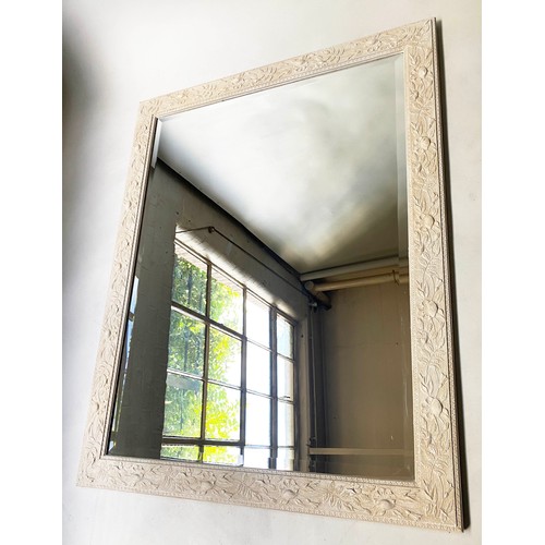 417 - WALL MIRROR, 147cm H x 90cm W, bevelled plate in grey foliate frame.