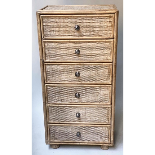 418 - TALL CHEST, 50cm x 31cm x 103cm H, rattan and cane panelled with six drawers.