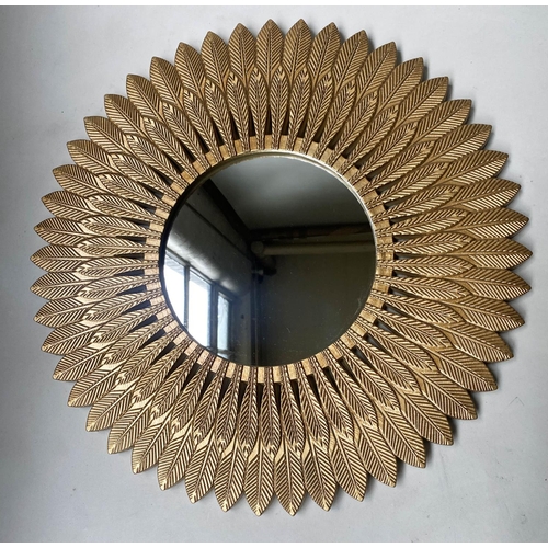 17 - WALL MIRRORS, two similar, 60cm diam. and 50cm diam., starburst gilt framed. (2)