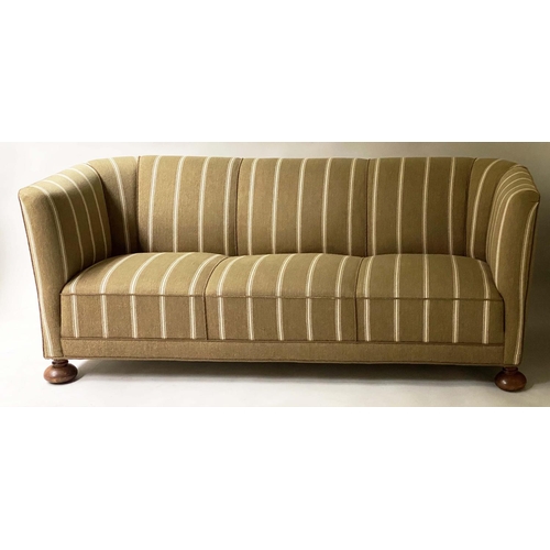 352 - ART DECO DANISH SOFA, striped cream/taupe with curved arms, 182cm W.