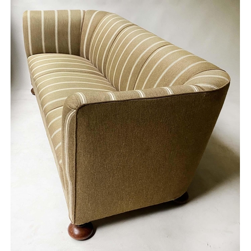 352 - ART DECO DANISH SOFA, striped cream/taupe with curved arms, 182cm W.