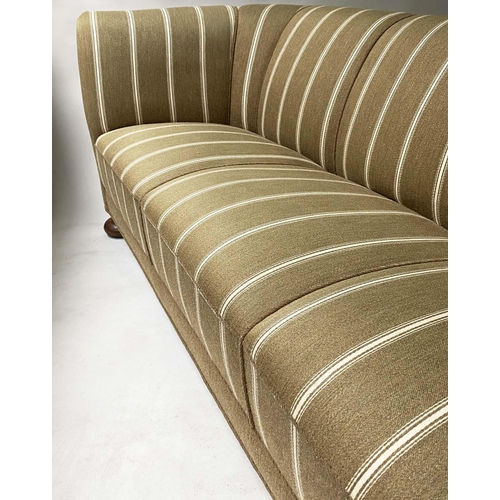 352 - ART DECO DANISH SOFA, striped cream/taupe with curved arms, 182cm W.