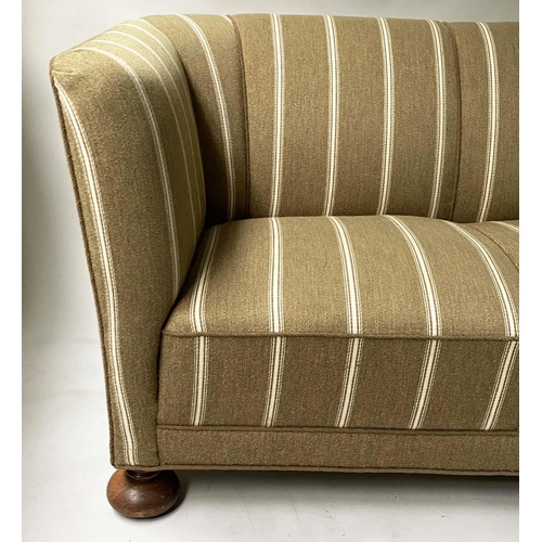 352 - ART DECO DANISH SOFA, striped cream/taupe with curved arms, 182cm W.