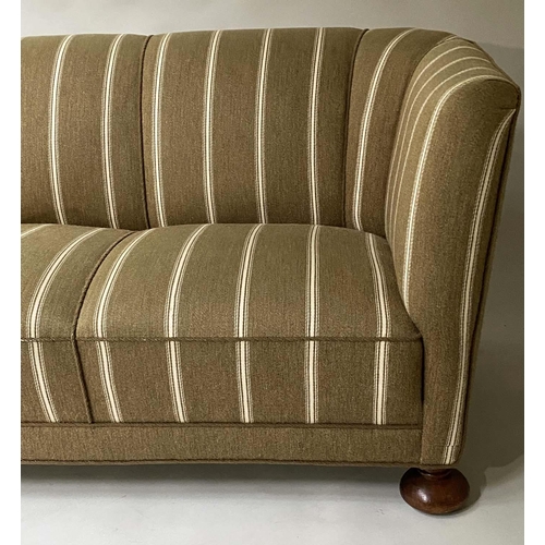 352 - ART DECO DANISH SOFA, striped cream/taupe with curved arms, 182cm W.