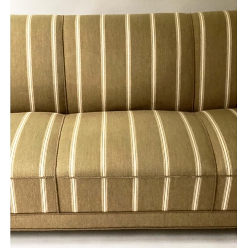 352 - ART DECO DANISH SOFA, striped cream/taupe with curved arms, 182cm W.