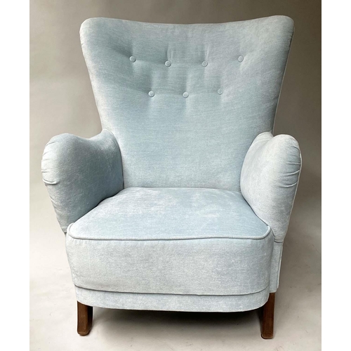 355 - ARMCHAIR, early 20th century with button back duck egg blue plush velvet upholstery and swept suppor... 