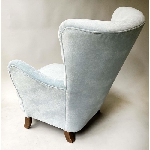 355 - ARMCHAIR, early 20th century with button back duck egg blue plush velvet upholstery and swept suppor... 