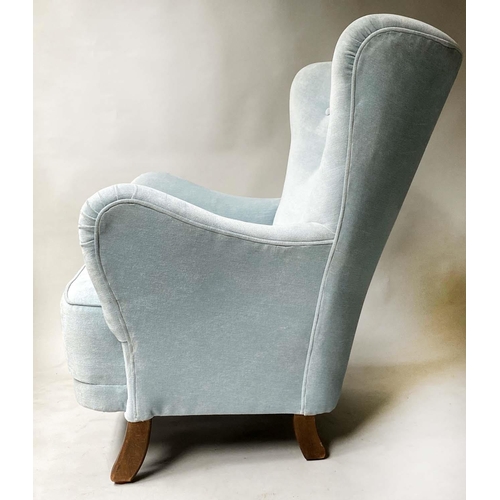 355 - ARMCHAIR, early 20th century with button back duck egg blue plush velvet upholstery and swept suppor... 